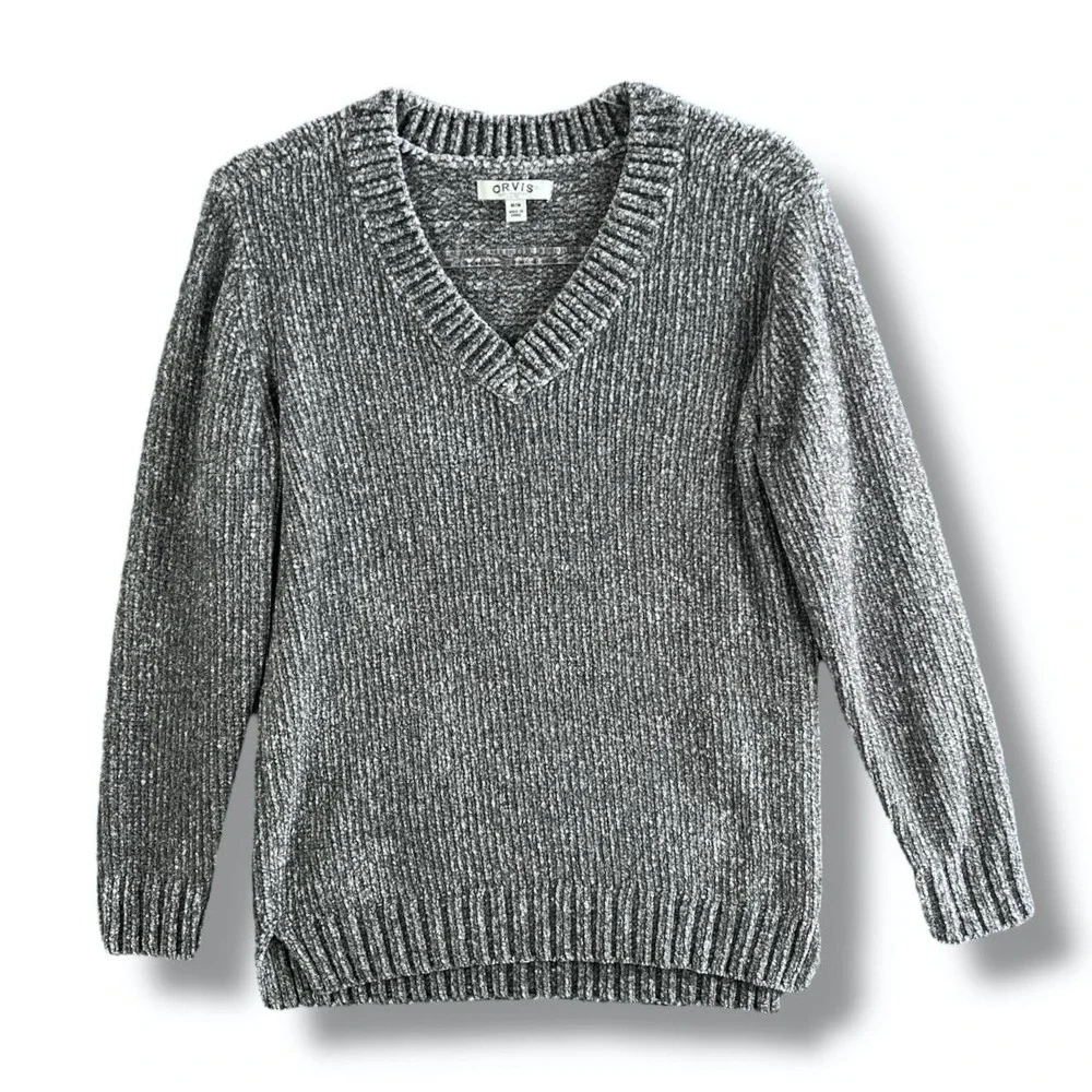 Orvis Sweater Womens Medium Gray Chenille Pullover‎ V Neck Long Sleeve Cozy Knit